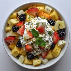 Tasty fruit salad with whipped cream and mint leaves.
