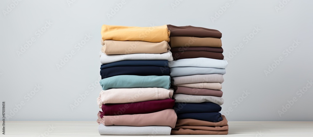 Poster Close-up shot of neatly folded clothes atop a white backdrop with ample copy space image.