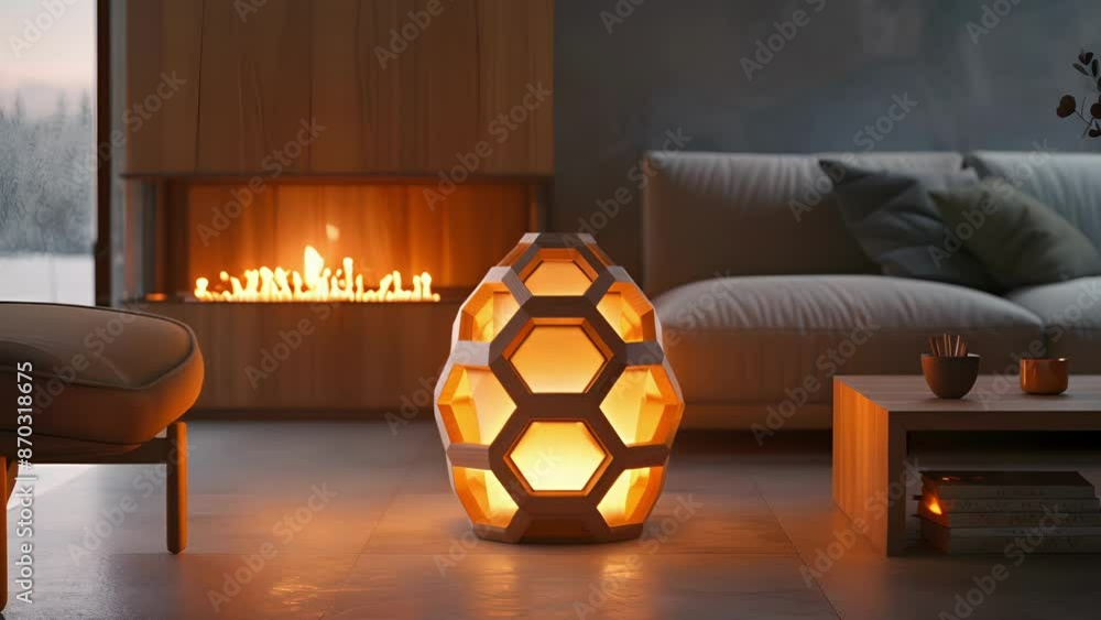 Poster a unique hexagonal lamp design resembling a beehive illuminated from the inside.
