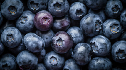 A close-up, top view of a pile of fresh, ripe blueberries. The blueberries are arranged tightly together, showcasing their deep blue color and subtle variations in texture