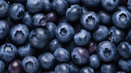 A top-down close-up shot of a pile of fresh blueberries. The blueberries are tightly packed together, showing their deep blue color and slightly imperfect shapes