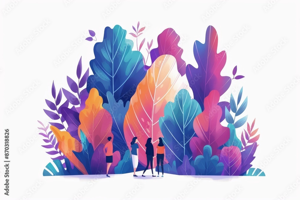 Poster vibrant forest landscape with colorful abstract trees and small figures illustrating an enchanting w