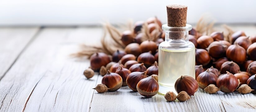 A medicine cream with ground conkers tincture and horse chestnut seeds on a white wooden table, creating a rustic background for a copy space image.