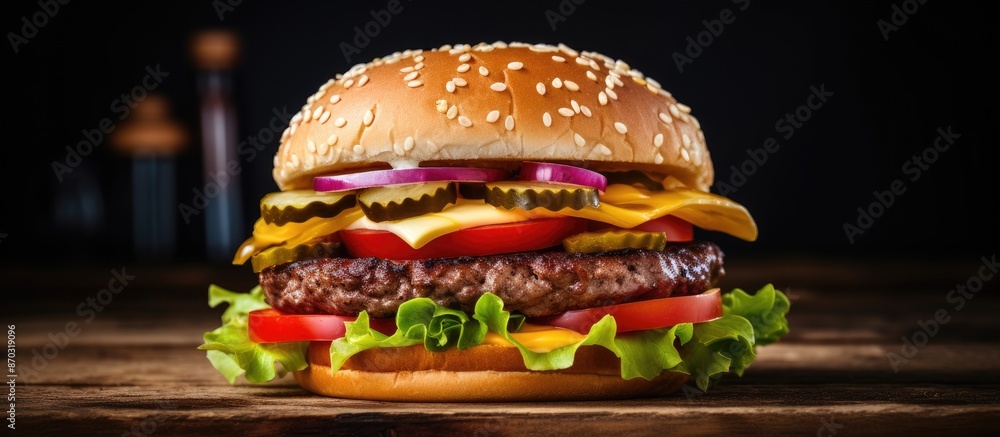 Poster Close-up photo of a classic homemade cheeseburger with beef and veggies on a wooden surface, ideal for adding text or other elements - copy space image.