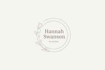 Flower botanical outline logo circle retro emblem design template vector illustration