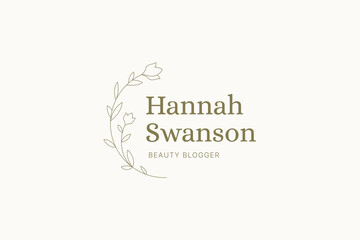 Beautiful floral outline logo monogram for organic cosmetics design template vector illustration