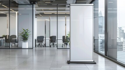 An empty white banner stands in a spacious office with a glass facade overlooking a city, ready for advertising content