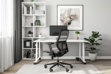 Modern Home Office with White Desk and Black Mesh Chair
