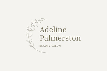 Botanical tree branch with leaves outline monogram logo design template vector illustration