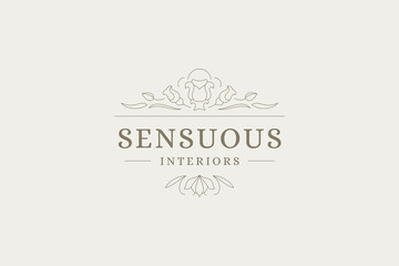 Natural flower luxury chic outline logo monogram design template vector illustration