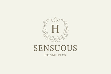 Luxury floral wreath with crown outline logo monogram for cosmetics design template vector