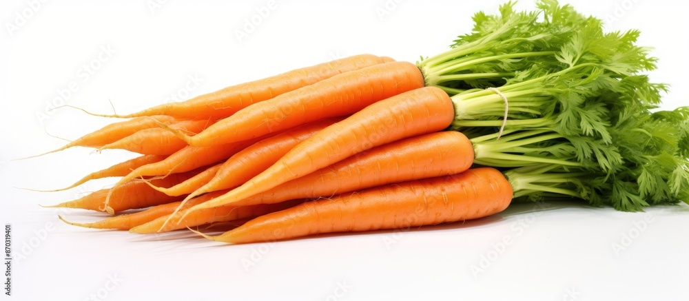 Fototapete A vibrant bunch of fresh, organic carrots against a white background with selective focus and a defocused effect around them, creating ample copy space image.