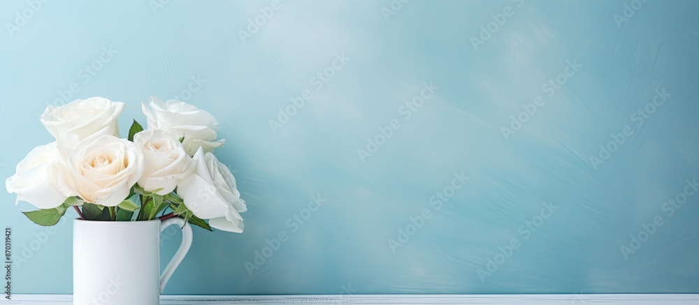 Poster a light blue cup holds white roses on white marble, set against a blue wall, with selective focus an