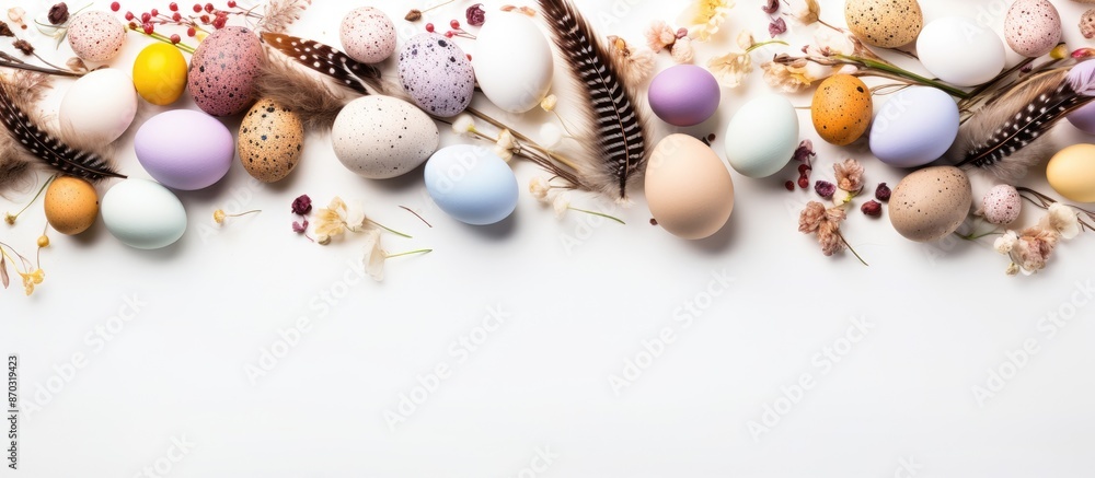 Aufkleber Easter-themed border featuring a variety of eggs and feathers arranged on a white backdrop, creating a whimsical display with a copy space image.