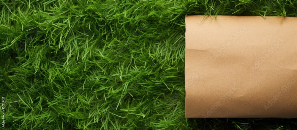 Poster brown paper torn on a green grass background with copy space image.