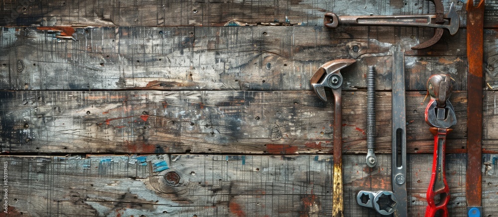 Poster Various tools arranged on a wooden backdrop with copy space image available.