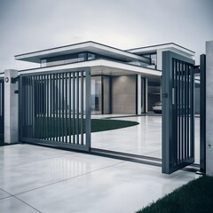 Automatic Sliding Gate and modern house, 3d illustration
