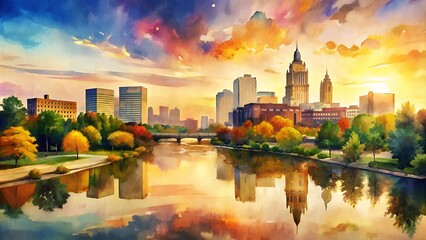 Obraz premium Vibrant watercolor depiction of Akron's majestic skyline, showcasing majestic buildings, serene canals, and lush greenery, bathed in warm, golden light, exuding a sense of tranquility.