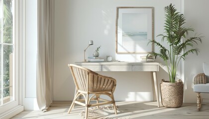 Coastal Minimalist Home Office with Wicker Chair