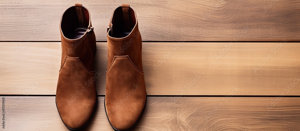 Poster brown suede boots with stylish heels showcased on a wooden background flat lay setting with copy spa