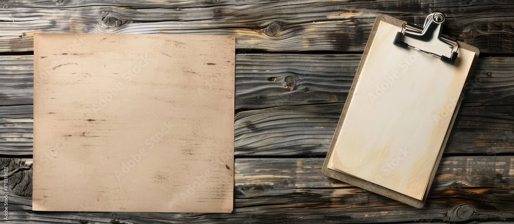 Poster wooden background with a blank clipboard for copy space image.