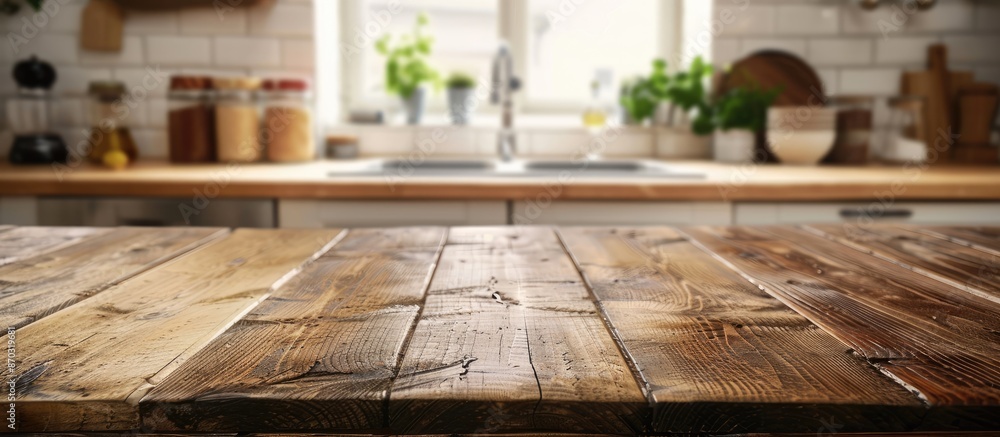 Poster Blurry kitchen items in the background of an empty wooden table with space for an image. with copy space image. Place for adding text or design