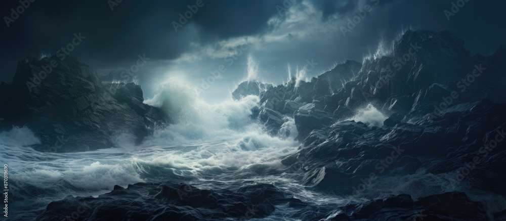 Poster stormy sea waves crashing against a rocky seashore, featuring intense winds and dynamic waves, creat