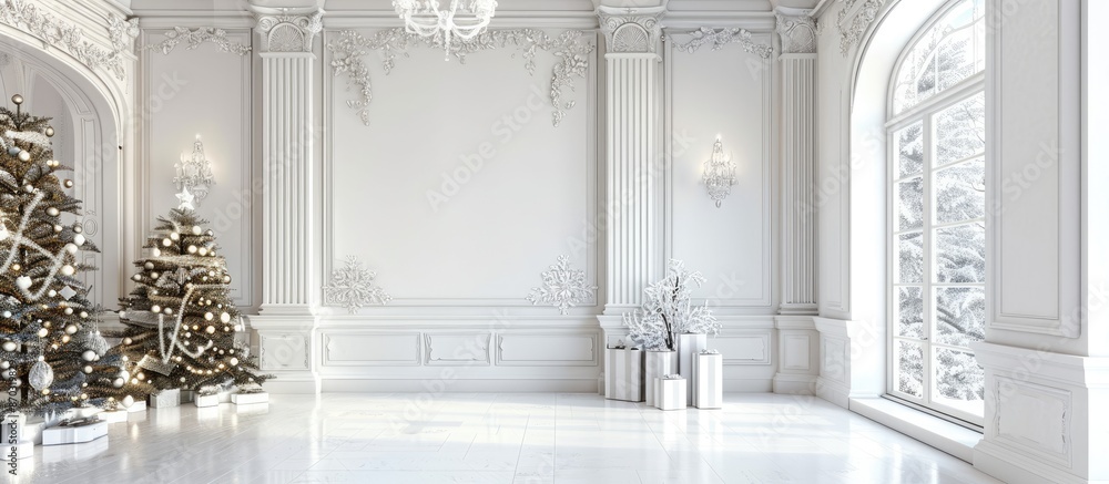 Poster beautiful christmas decor of residential white room with stucco. with copy space image. place for ad