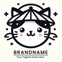 Cute and modern cat logo with a playful design featuring a cat with a sunhat ideal for children's brands or summer themed products