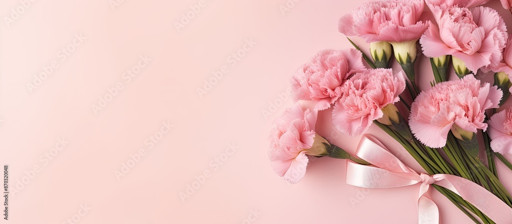 Poster top view of a bouquet of carnations and a gift box on a pink background for mother's day, weddings, 