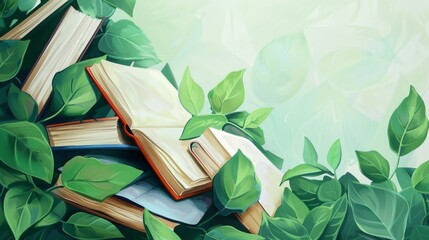 World Book Lovers Day. Horizontal banner. Frame of books and green leaves. Free space for text. Day of knowledge, day of literacy. Back to school, education learning concept. National library Day