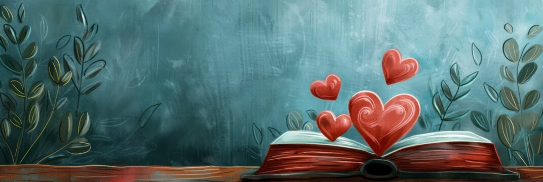 World Book Lovers Day. Horizontal banner. Open book with hearts above the pages. Copy space. Day of knowledge, day of literacy. Back to school, education learning concept. National library Day