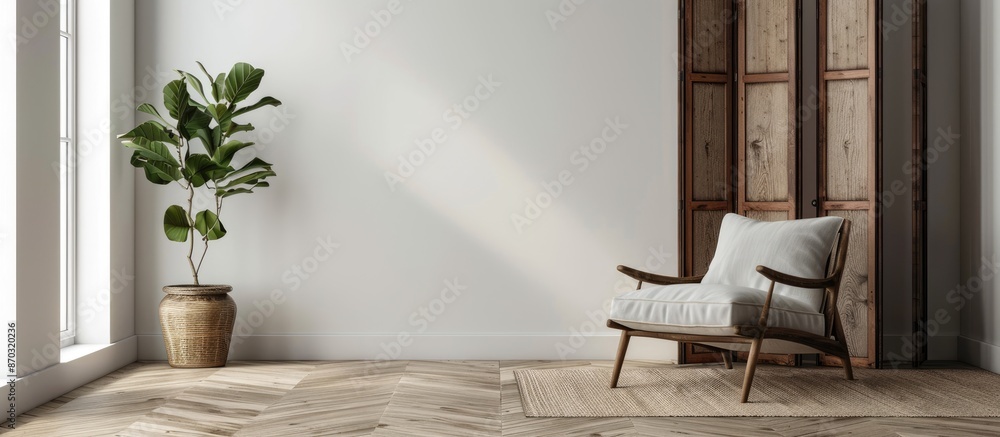 Poster armchair with cushions, folding screen by a white wall creating a cozy setup, with a copy space imag