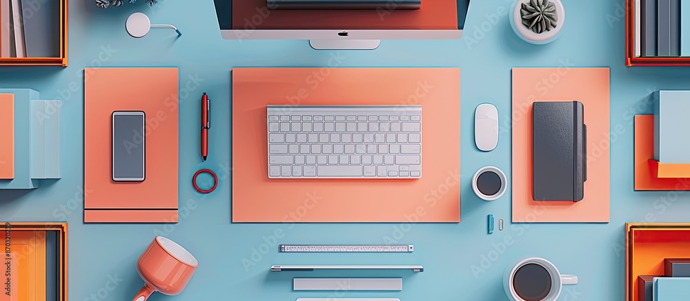 Poster bird's eye view of an office desk set up with a coffee mug, computer, and various office supplies, a