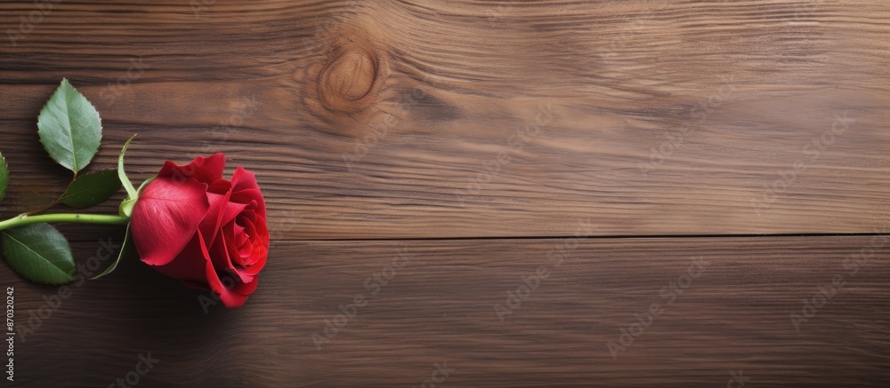 Poster valentine's day background with a rose on a wooden surface, creating a beautiful copy space image.