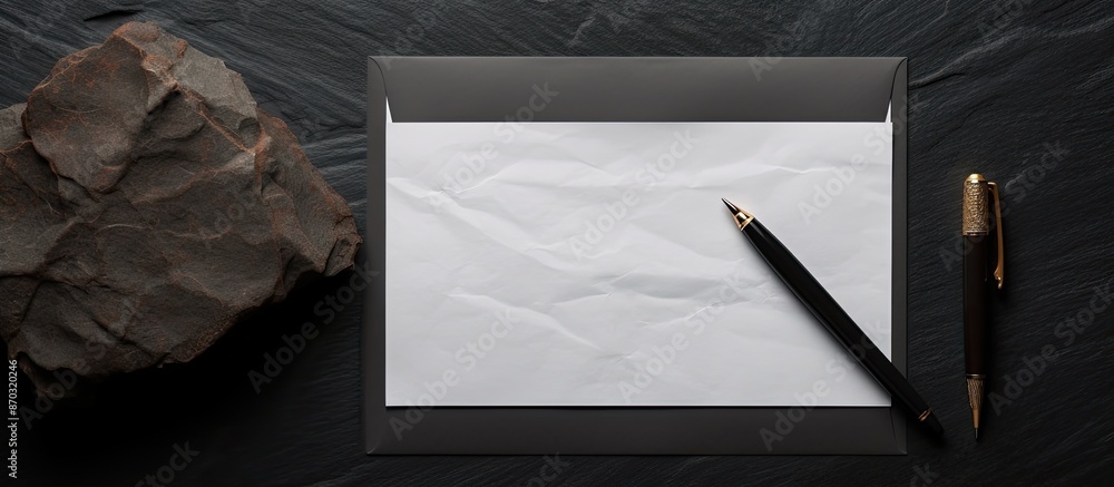 Poster blank paper envelope, pen, and clip on a black stone background, creating a blank stationery templat