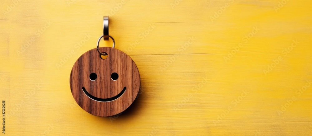 Poster Top view of a wooden keychain shaped like a smiley face on a yellow background with empty space for text. with copy space image. Place for adding text or design