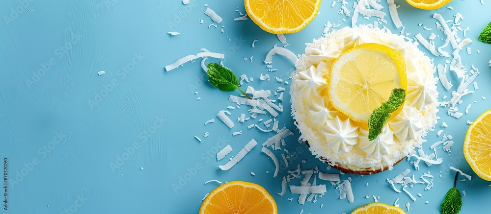 Poster a homemade cake with lemon and coconut on a blue background, featuring copy space for text with a se