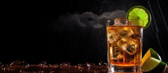 Dark and Stormy cocktail with dark rum, ginger ale, lime, ice, against black bar counter backdrop with copy space image.
