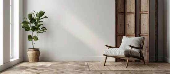 Armchair with cushions, folding screen by a white wall creating a cozy setup, with a copy space image.
