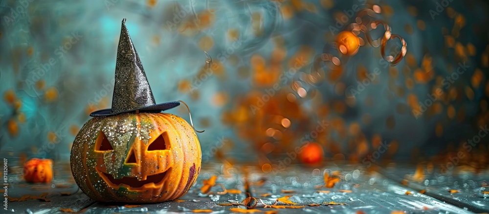 Poster halloween glitter pumpkin jack o lantern decor with party hats. copy space image. place for adding t