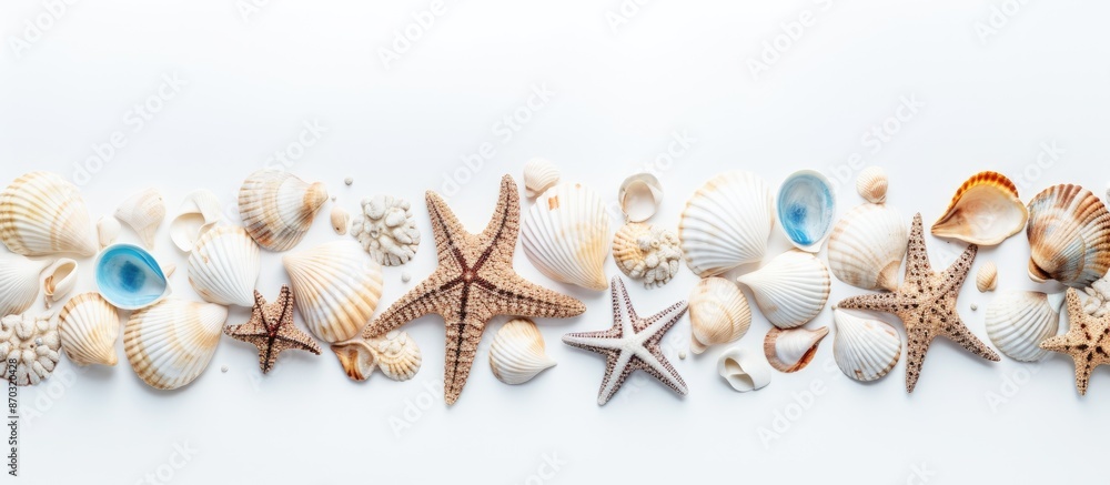 Poster top-view sea shells with copy space image on white background.