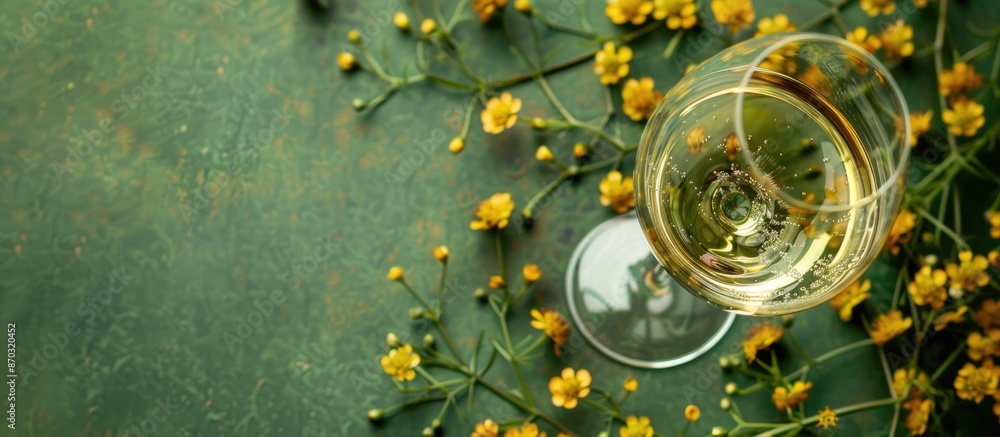 Poster top view of a wine glass surrounded by small yellow flowers on a green background with ample copy sp