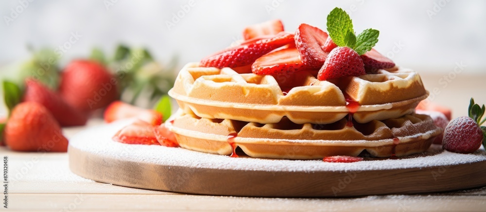 Poster belgian waffles with strawberries and jam on white table, creating a summer food concept. soft focus
