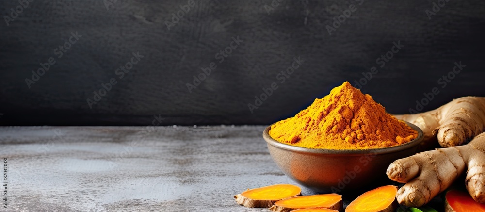 Poster fresh turmeric root displayed on a grey concrete background next to a wooden bowl of turmeric powder