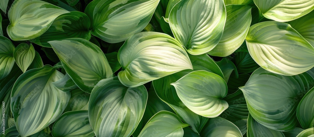 Aufkleber Hosta leaves in light green shade, shadows cast on plants, creating a textured background with room for a copy space image.