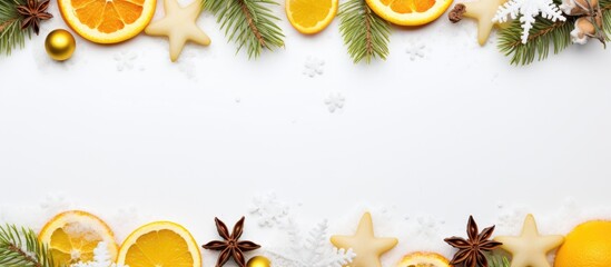 Winter holiday frame featuring snowflakes, white snow, toys, lemon, candy, Christmas tree branches, and New Year decorations within a copy space image.