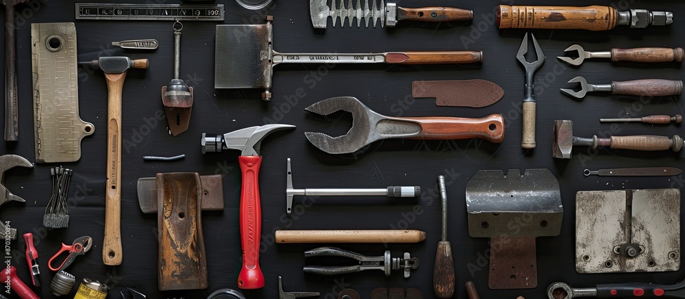 Aufkleber Various DIY tools on a black backdrop with room for text. Furnishings for handwork and crafting projects, emphasizing repair and creation. with copy space image. Place for adding text or design