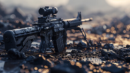 High-Resolution Close-Up of an Assault Rifle with Optical Sight on Rocky Terrain at Dawn
