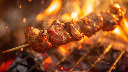Close-up of tandoori chicken cooking on a skewer over a fire. Golden brown with grill marks, flames in the background add appeal